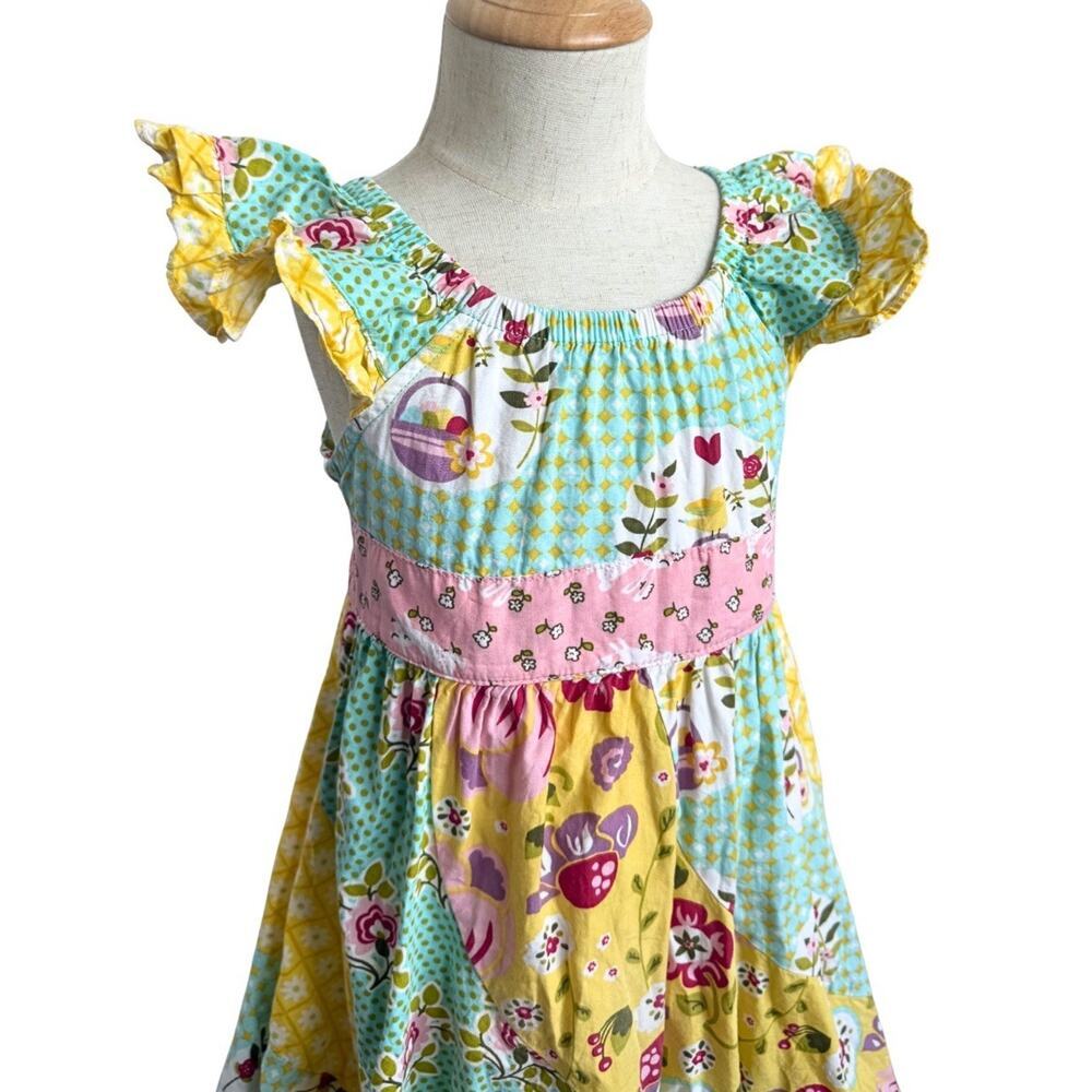 Jelly The Pug Girls Dress Size 5 Patchwork Floral Ruffle Twirl Easter Spring - Picture 2 of 6